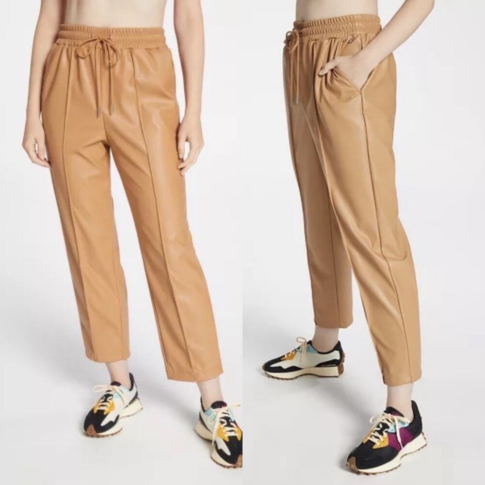 Calia Straight leg Faux Leather Pintuck Tan Pants